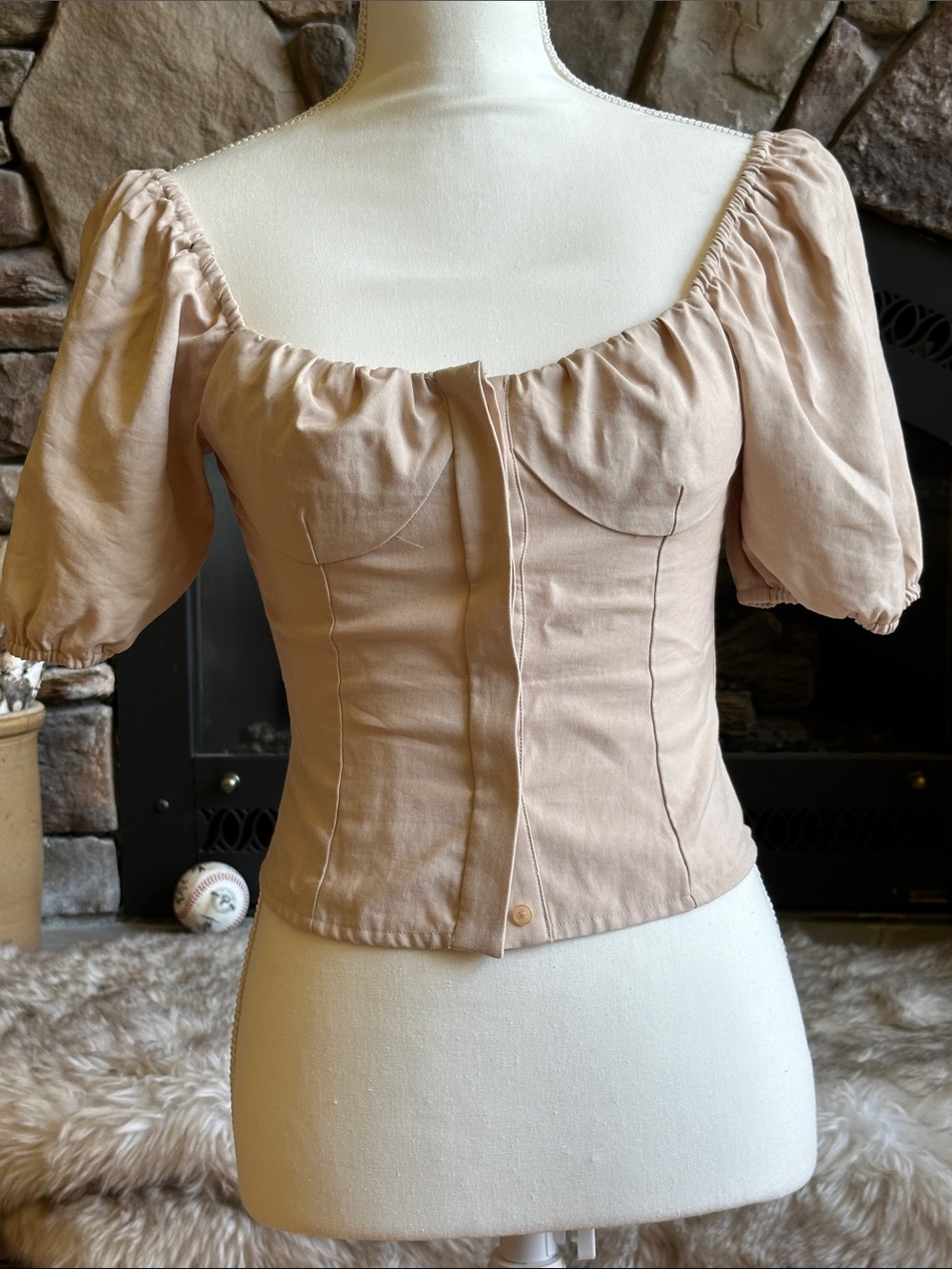 Wayf Puff Sleeve Sweetheart Corset Top in Light Beige
